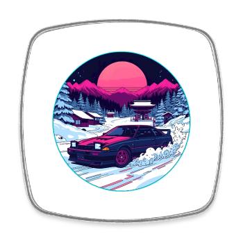 Retro 80s JDM Winter Drift AE86 Synthwave Art - Square fridge magnet - white - Front