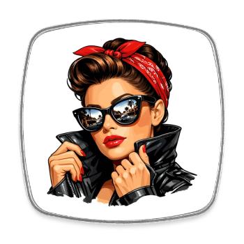 Cool pin-up girl in leather jacket & sunglasses - Square fridge magnet - white - Front