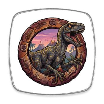 Vélociraptor dans l’anneau volcanique au coucher du soleil - Magnet carré - blanc - Devant