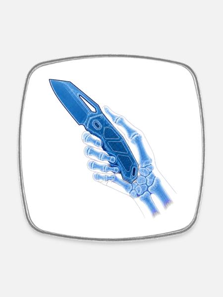 Blue X-ray knife in hand - Square fridge magnet - white