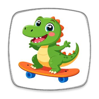 Petit dinosaure vert sur un skateboard – Design cool - Magnet carré - blanc - Devant