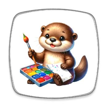 Petite loutre de dessin animé avec pinceau et palette de couleurs - Magnet carré - blanc - Devant