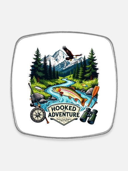 Hooked on Adventure: Mountain River Angling - Square fridge magnet - white