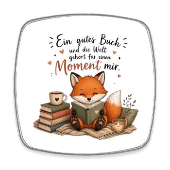 Moment mit Buch: Fuchs genießt Lesen - Viereckiger Kühlschrankmagnet - Weiß - Vorne