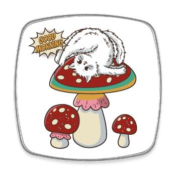 Cat doing yoga on big toadstool - Square fridge magnet - white - Front