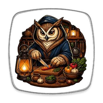 Owl chef in a hoodie cutting - Square fridge magnet - white - Front