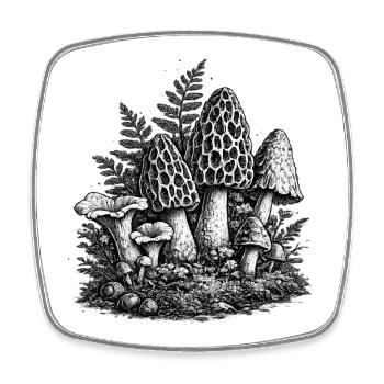 Linogravure vintage aux champignons forestiers - Magnet carré - blanc - Devant