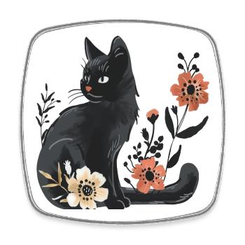 Chat noir parmi les fleurs printanières - Magnet carré - blanc - Devant
