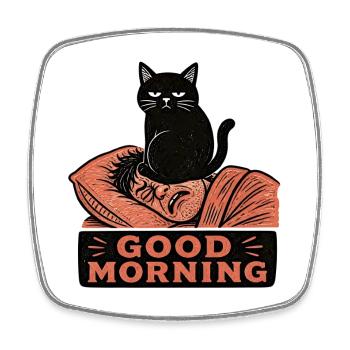 Linocut Black Cat Sitting On Face Morning - Square fridge magnet - white - Front