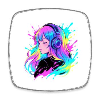 Neon Headphones Girl - Square fridge magnet - white - Front