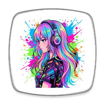 Neon Anime Kopfhörer Portrait - Viereckiger Kühlschrankmagnet - Weiß - Vorne
