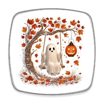 Fantôme d’Halloween en balançoire avec Automne de la citrouille - Magnet carré - blanc - Devant
