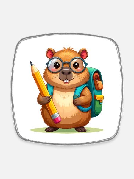 Comic Beaver with Glasses & Satchel – School - Square fridge magnet - white