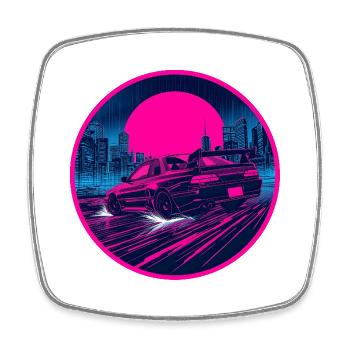 Retro 90er JDM Coupé Rainy Neon Cyber City Emblem - Viereckiger Kühlschrankmagnet - Weiß - Vorne