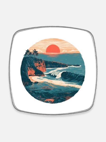Sonnenuntergangsküste Retro - Viereckiger Kühlschrankmagnet - Weiß