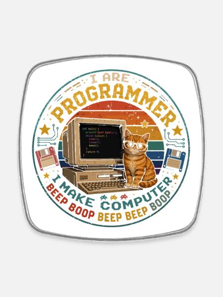 Katzen-Computer-Programmierer Retro-Vintage-Humor - Viereckiger Kühlschrankmagnet - Weiß
