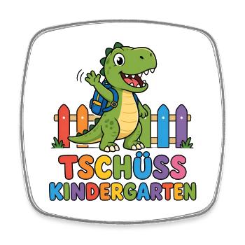 Tschüss Kindergarten – T-Rex mit Rucksack  - Viereckiger Kühlschrankmagnet - Weiß - Vorne