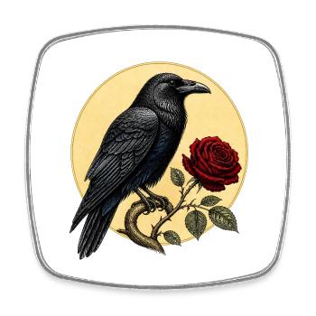 Rabe (Corvus corax) & Botanische Rote Rose - Viereckiger Kühlschrankmagnet - Weiß - Vorne