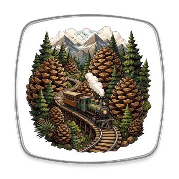 Forest railway steam locomotive in the mountain forest - Square fridge magnet - white - Front