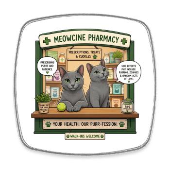 Meowcine Pharmacy Niedliche russische Blaukatzen - Viereckiger Kühlschrankmagnet - Weiß - Vorne