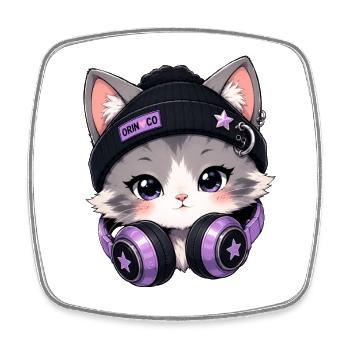 Lila DJ-Katze mit Kopfhörern - Viereckiger Kühlschrankmagnet - Weiß - Vorne