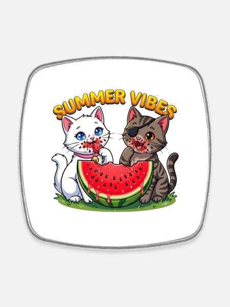 Summer Cats with Watermelon - Square fridge magnet - white