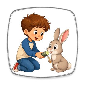 Kaninchen bekommt Gurke vom fröhlichen Jungen - Viereckiger Kühlschrankmagnet - Weiß - Vorne