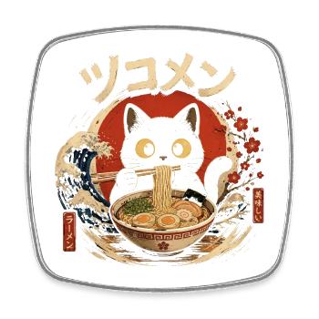 Kawaii Chat Mangeant des Nouilles Ramen drôle  - Magnet carré - blanc - Devant