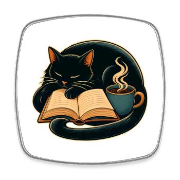 Kuschelkater beim Lesen mit Kaffee - Viereckiger Kühlschrankmagnet - Weiß - Vorne