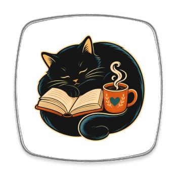 Schlafende Katze beim Lesen & Kaffee - Viereckiger Kühlschrankmagnet - Weiß - Vorne