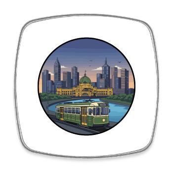 Melbourne City Skyline mit Vintage-Straßenbahn-Aufkleber - Viereckiger Kühlschrankmagnet - Weiß - Vorne