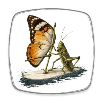 Grasshopper on surfboard with butterfly sail - Square fridge magnet - white - Front