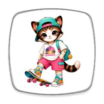 Kitten Summer Skateboarding - Square fridge magnet - white - Front