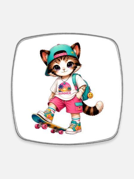 Kitten Summer Skateboarding - Viereckiger Kühlschrankmagnet - Weiß