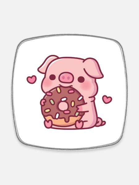 Cochon mignon grignotant un donut au chocolat avec des vermicelles - Magnet carré - blanc
