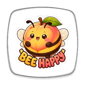 Kawaii Peach Bee Happy Cute Fruit Pun - Square fridge magnet - white - Front