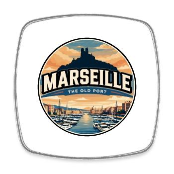 Retro Marseille Old Port Travel Badge - Square fridge magnet - white - Front