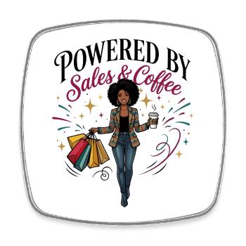 Powered By Sales and Coffee Black Woman - Square fridge magnet - white - Front