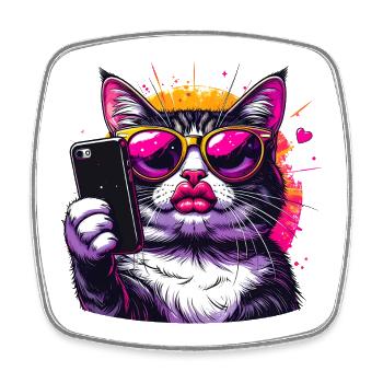Cool Cat with Sunglasses – Selfie Cat Design - Square fridge magnet - white - Front
