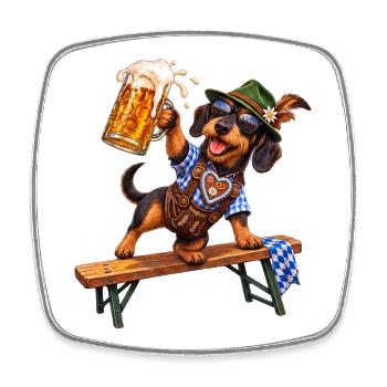 Teckel drôle avec de la bière en costume bavarois - Magnet carré - blanc - Devant