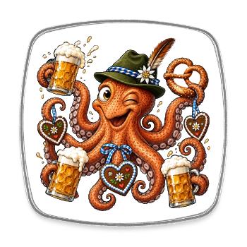Poulpe avec bière, bretzel et cœurs en pain d’épices - Magnet carré - blanc - Devant