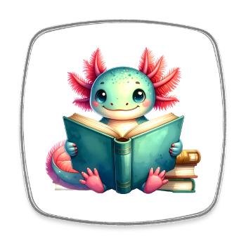 Comic Axolotl Reading a Book – Nerdy Reader Art - Square fridge magnet - white - Front
