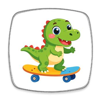 Little Green Dino on Skateboard – Skater Fun - Square fridge magnet - white - Front