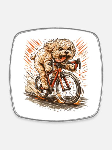 Maltipoo auf Rennrad: Gasgebender Fahrrad Hund - Viereckiger Kühlschrankmagnet - Weiß