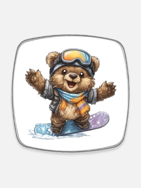 Snowboardbär im Winter - Viereckiger Kühlschrankmagnet - Weiß