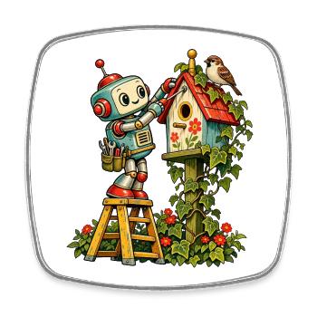 Robot malt Vogelhaus Idyll - Viereckiger Kühlschrankmagnet - Weiß - Vorne