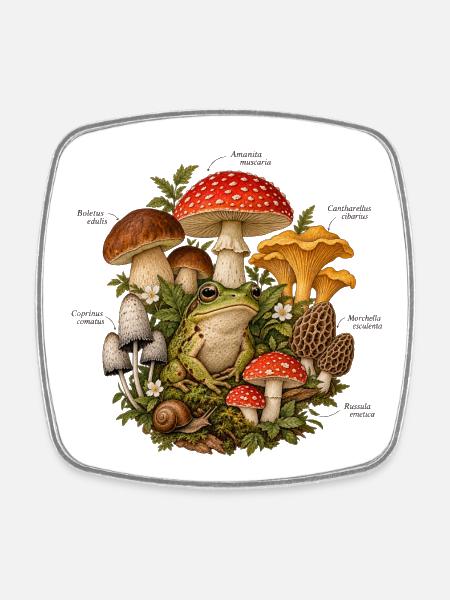 Pilze und Frosch Vintage Design - Viereckiger Kühlschrankmagnet - Weiß