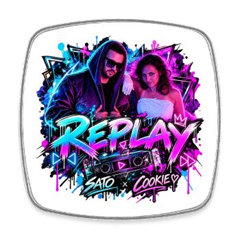 REPLAY – SATO x COOKIE | Neon Streetwear - Viereckiger Kühlschrankmagnet - Weiß - Vorne