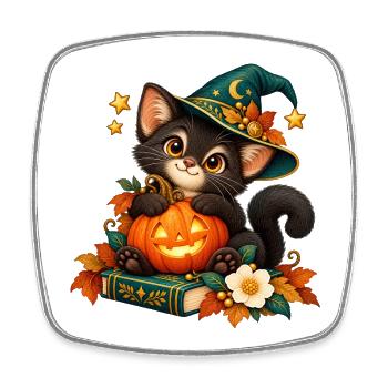 Halloween-Katze mit verzaubertem Kürbis - Viereckiger Kühlschrankmagnet - Weiß - Vorne
