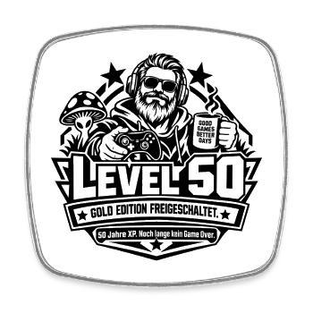 Level 50: 50. Geburtstag – Lustiges Gamer-Geschenk - Viereckiger Kühlschrankmagnet - Weiß - Vorne